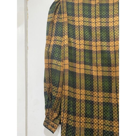 James Galanos Sz XS Silk Dress Shift Green Brown Plaid Long Bishop Sleeves MIDI - Picture 9 of 15